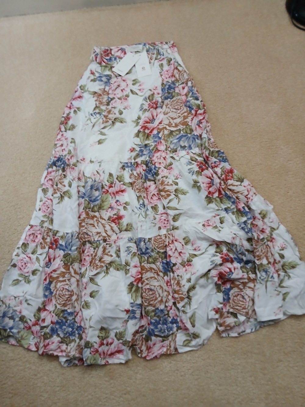 Floral Tiered Maxi Skirt - White with Pink & Blue Blooms